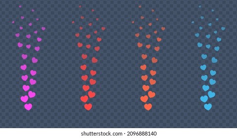 Set of colorful hearts for stream in flat style. Flying red pink orange and blue hearts for social media posts, live streaming. Blogging live positive reaction template. Vector illustration
