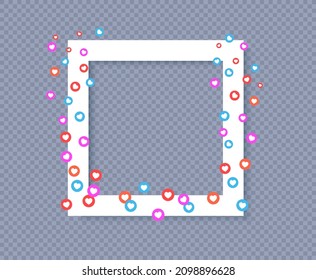 Set of colorful hearts for stream in flat style. Flying multicolored hearts and white square frame for social media posts, live streaming. Blogging live positive reaction template. Vector illustration