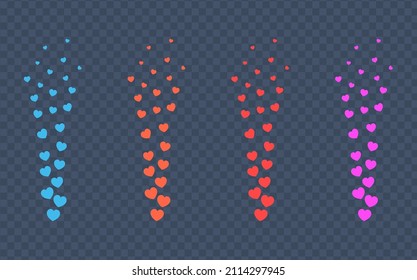 Set of colorful hearts for stream in flatt style. Flying red pink orange and blue hearts for social media posts, live streaming. Blogging live positive reaction template. Vector illustration