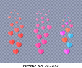 Set of colorful hearts for stream in paper cut style. Flying red pink orange and blue hearts for social media posts, live streaming. Blogging live like positive reaction template. Vector illustration