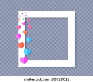 Set of colorful hearts for stream in paper cut style. Flying hearts and white square frame for social media posts, live streaming. Blogging live positive reaction template. Vector illustration.
