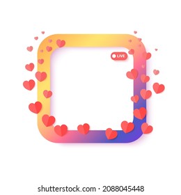 Set of colorful hearts for stream in paper cut style. Flying red hearts and gradient square frame for social media posts, live streaming. Blogging live positive reaction template. Vector illustration