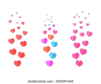 Set of colorful hearts for stream in paper cut style. Flying red pink orange and blue hearts for social media posts, live streaming. Blogging live positive reaction template. Vector illustration