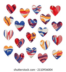 Set of colorful hearts. Vector hand draw watercolor illustration with abstract elements.