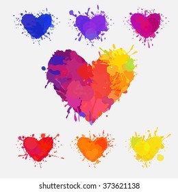 set of colorful hearts, vector hearts with paint splatters and stains; blue, purple, violet, red, orange and yellow colorful hearts, Valentine's day clip-art