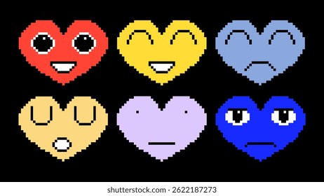 Set of colorful hearts with vivid emotions in pixel art style.Happy, sad, surprised romantic 8-bit icons