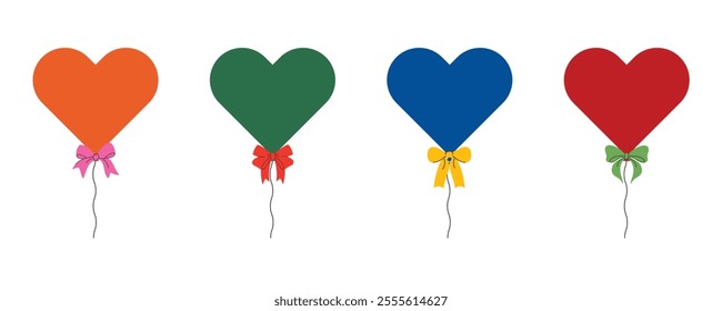 A set of colorful heart-shaped balloons adorned with ribbon bows.