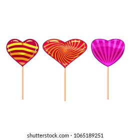 Set of colorful heart-shaped lollipops. Good for Valentine day design. Cartoon style, vector, isolated