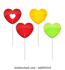 Set of colorful heart-shaped lollipops on white background.