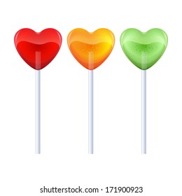 Set of colorful heart-shaped lollipops - red, yellow, green. Good for Valentine' day design.