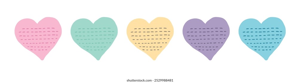 Conjunto de notas pegajosas en forma de corazón de colores con líneas aisladas sobre un fondo blanco. Concepto de papelería creativa, notas de amor, útiles escolares decorativos, toma de notas minimalista. Elementos de diseño.