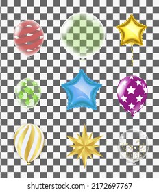 set of colorful helium balloons isolated on transparent background.