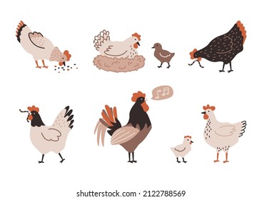 Set of colorful hen, chicken, chick, rooster and nest with eggs. Chicken farm. Cartoon. Cozy vector illustration isolated on white background.