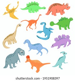 A set of colorful herbivorous and predatory dinosaurs for children. Isolated doodle-style elements