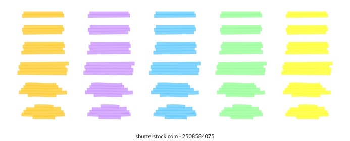 Conjunto de linhas marcadoras coloridas de realce. Diferentes sublinhados de pincel à mão livre transparente para seleção de texto importante isolado no fundo branco. Ilustração realista de vetor.