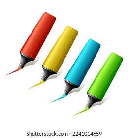A set of colorful highlighter isolated on a white background. Marker pen. Colored engineering office marker  simple equipment school supplies subject secretarial tools. Vector illustration.	