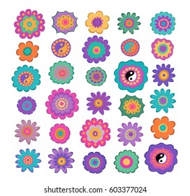 Set of colorful hippie flowers,retro 60s style. Flat design elements.Vector.