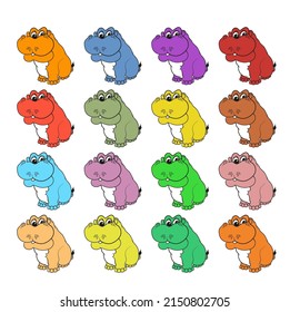 Set of colorful hippos, cartoon style. on a white background.