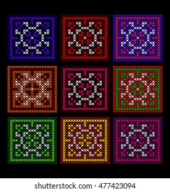 set of colorful Hmong's (mountain people) hand pattern in retro style, cross-stitch embroidery patterns, ukrainian ethnic ornament, vector illustration