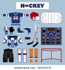 Set of colorful hockey icons in flat style. Vector illustration with various sport symbols 