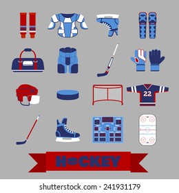 Set of colorful hockey icons in flat style. Vector illustration with various sport symbols 