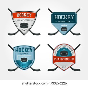 Set of colorful hockey logos, labels, emblems. Vector illustration.