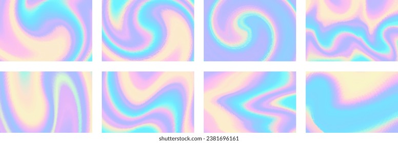 Set of colorful hologram banner. Abstract holographic wavy gradient mesh color backgrounds. Made for invitation, webpages, apps, party flyer, simple web design. Vector illustration.