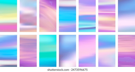 Set of colorful hologram banner. Abstract holographic wavy gradient mesh color backgrounds. Made for invitation, webpages, apps, party flyer, simple web design. Vector illustration.