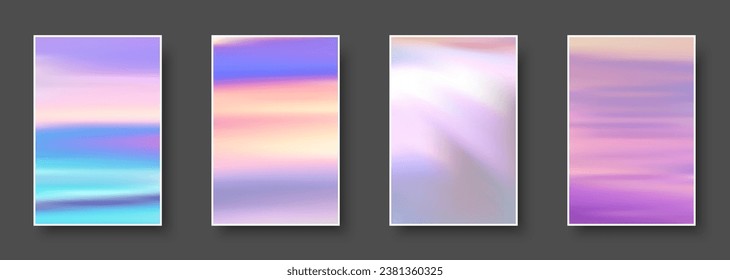 Set of colorful hologram paper card. Abstract holographic wavy gradient mesh color backgrounds. Made for invitation, webpages, apps, party flyer, simple web design. Vector illustration.