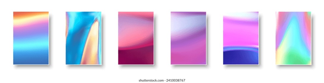 Set of colorful hologram paper card. Abstract holographic wavy gradient mesh color backgrounds. Made for invitation, webpages, apps, party flyer, simple web design. Vector illustration.
