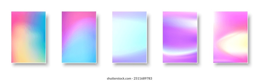 Set of colorful hologram paper card. Abstract holographic wavy gradient mesh color backgrounds. Made for invitation, webpages, apps, party flyer, simple web design. Vector illustration.
