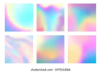 Set of Colorful Holographic gradient. Abstract backgrounds. Modern Vector Illustration. Holographic Fluid with Gradient Mesh. Retro Style. Pearlescent Graphic. Social Media Template.