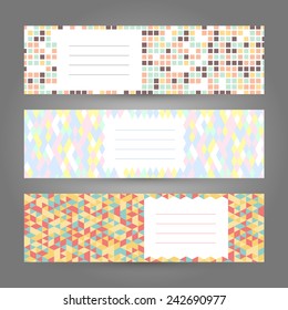 Set of Colorful Horizontal Banners. Abstract Geometric ornaments. Vector Illustration for print, flyer or leaflet. Simple design for invitation, postcard or poster.
