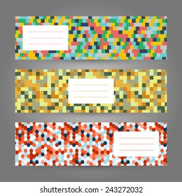 Set of Colorful horizontal Banners. Abstract Geometric ornaments. Pixel texture. Vector Illustration for print, flyer or leaflet. Simple design for invitation, postcard or poster.
