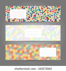 Set of Colorful horizontal Banners. Abstract Geometric ornaments. Pixel texture. Vector Illustration for print, flyer or leaflet. Simple design for invitation, postcard or poster.