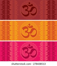 Set of colorful horizontal banners with Indian henna border designs and aum symbol