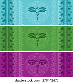 Set of colorful horizontal banners with Indian henna border designs and Buddha eyes symbol