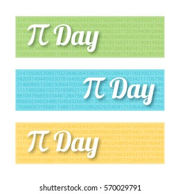 Set of colorful horizontal banners for Pi Day. Mathematical constant, irrational complex number, greek letter. Abstract digital illustration for March 14th. Modern creative template for web design