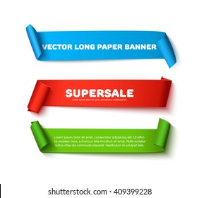 Set of colorful horizontal curved paper ribbon banners with paper rolls and space for text isolated on white background. Realistic vector paper template for sale promo and ad. Colorful ribbons