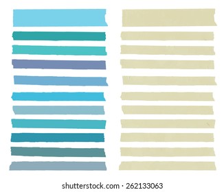 Set of colorful horizontal and different size sticky tape,adhesive pieces, menu template  with copy space on white background. Vector illustration