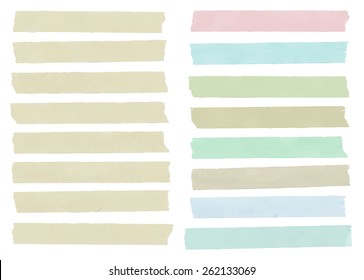 Set of colorful horizontal and different size sticky tape,adhesive pieces, menu template  with copy space on white background. Vector illustration