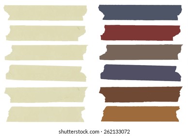 Set of colorful horizontal and different size sticky tape,adhesive pieces, menu template  with copy space on white background. Vector illustration