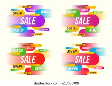 Set of colorful horizontal dynamic style sale banner designs templates stickers posters. Vector illustration.