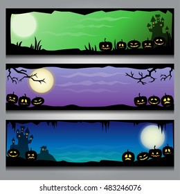 A set of colorful horizontal Halloween headers with black frames and gradient background