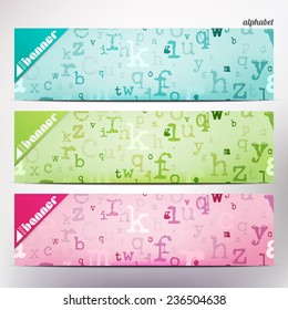 set of colorful, horizontal paper banners with alphabet letters pattern. vector header design