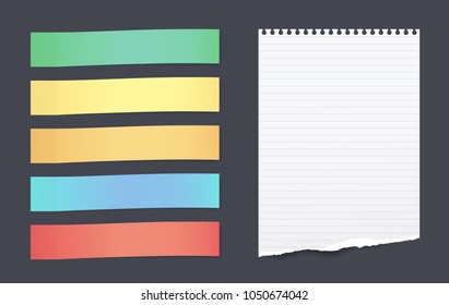 Set of colorful horizontal sticky notes with torn lined paper sheet for text stuck on black background