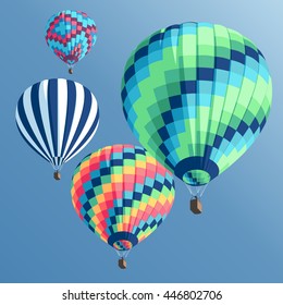 Set of  colorful hot air balloons on a blue background view from below