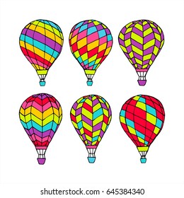 Set of Colorful hot air balloons isolated on white background. Hand drawn vector illustration