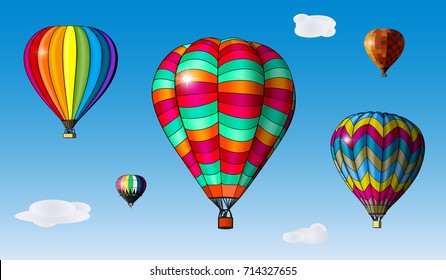 Set of colorful hot air balloons against the blue sky with clouds. Vector illustration.