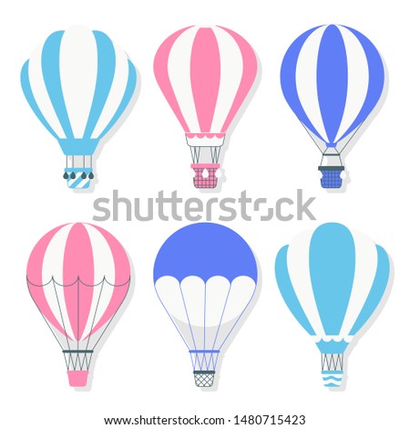 Set of colorful hot air balloons. Cute vector icons for flying journey. Sky transport for tourists traveling.